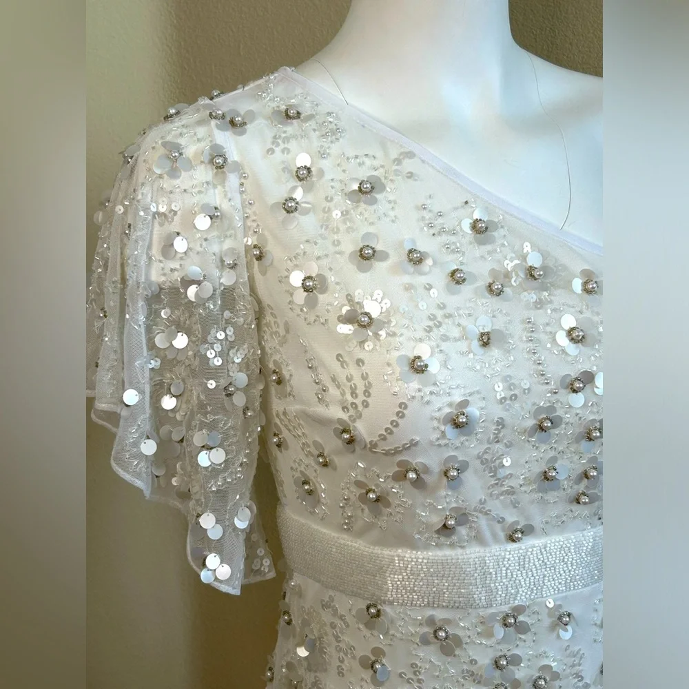 Mac Duggal NWT 4 One Shoulder Embellished High Low Asymmetric Gown White - Picture 11 of 13